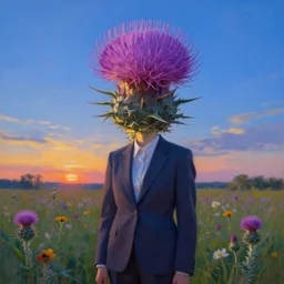 portrait, an enormous thistle flower under head, girl in a suit in field of flowers, surreal photography, sunrise, blue sky, dramatic light, impressionist painting, digital painting, artstation, simon stalenhag