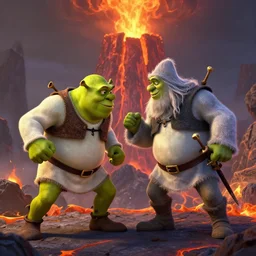 Shrek fighting Gandalf in a volcano