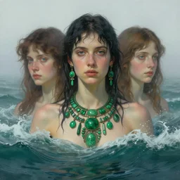 fog hyperrealist portrait half body, tribal green jewelry submerge in a pitch ocean waves, wet by lucian freud jenny saville and alphonse mucha very detailed faces