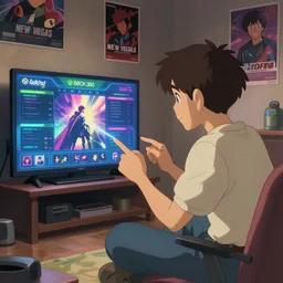 a beautiful illustration of my friend nathan tinsley, playing fallout new vegas on the xbox 3 6 0 in his living room. the tv is the only light source, in the style of studio ghibli, artwork by studio ghibli, gamers bedroom, posters. cinematic composition, anime, digital art, featured on artstation