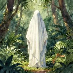 a lonely earth god draped in white cloth, face hiding behind cloth, standing inside a tropical forest, by sung choi by john kirby artgerm and greg rutkowski by ivan shishkin, octane render, unreal engine, watercolor, telephoto, 8 k, natural lighting, in a symbolic and meaningful style