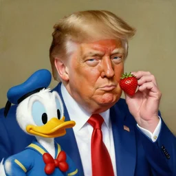 a portrait of donald trump earing strawberries with donald duck, painted by rembrandt