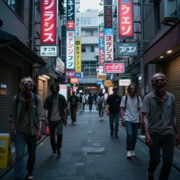cyberpunk neotokyo alleyway lined with neon signs and filled with zombies