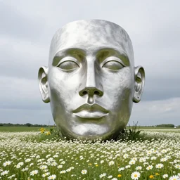 a giant metallic face in a meadow of daises, overcast day, visible horizon h 1 0 2 4