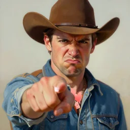 a closeup painting of a cowboy saying saying no and making a disgusted face by greg rutkowski, trending on artstation