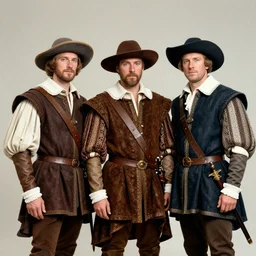 three musketeers with in hat and gowne