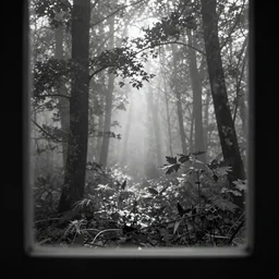 window view on misty forest, monochrome, analogue photo quality, fade, cinematic, 35mm