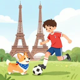 illustration of french boy playing football with a corgi wearing a polkadot scarf in front of the eiffel tower