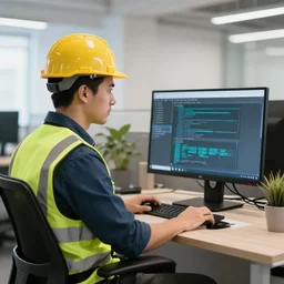 bob the builder as a software developer, sitting in front a computer, in office, 4k,