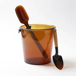 amber sandbox bucket and spade, professional product shot, isolated on a pure white background, centered, entire object in frame, sharp focus, soft studio lighting