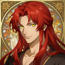 portrait of hisoka morow hunter hunter, male, sharp jaw yellow eyes narrow sultry eyes red hair soft bunched hair swept back crimson medium length hair, anime, fantasy, intricate, elegant, highly detailed, digital painting, artstation sharp focus, madonna art by artgerm and greg rutkowski and alphonse mucha