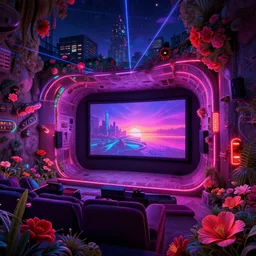 a beautiful very detailed render of architecture home theater by kengo kuma, flowers neon noir uv light liberty city biopunk dieselpunk laser vaporwave nightsky sunset universe, archdaily, wallpaper, highly detailed, trending on artstation.