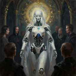 portrait of an ominous mysterious bright futuristic robotic religious figure addressing its followers, oil on canvas, gothic style, ornate, elegant, highly detailed, concept art, trending on artstation