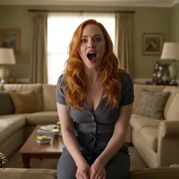amazing beautiful Christina Hendricks with mouth wide open in the living room, film still from the movie directed by Denis Villeneuve , wide lens