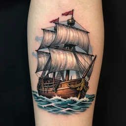 a pirate ship sailing in the sea, realism tattoo design, amazing shades, clean white paper background, in the style of Matteo Pasqualin
