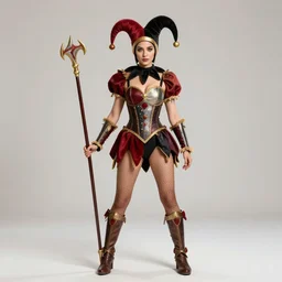 full body photo of a female jester amazon warrior