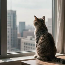 still of cat in a suit looking out at the skyline from a penthouse suite, cinematic,