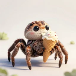 a cute spider holding an ice cream cone the spider is eating the ice cream cone, A cute spider