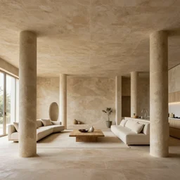 inside organic home made of carved sandstone. thin columns. very low ceiling living room and kitchen. architectural photography. coronarender, 4 k, 8 k. volumetric lighting.