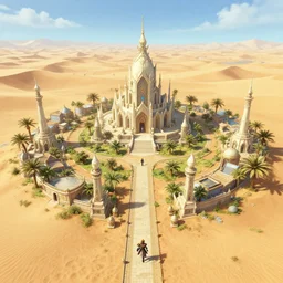 an isolated inhabited religious warrior village with pale colored spiritual sacred alien architecture in the lush oasis of a vast hot sand desert, 3 rd person action adventure, gameplay, final fantasy, ffx, ff 8, chrono trigger, square enix, jrpg, cutscene, unreal engine, 4 k, rtx, next gen, hyper detailed, concept art