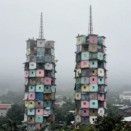 two towers, made up of makeshift squatter shacks with pastel colours, uneven dense fog, dystopia, mamiya rb 6 7, fully frontal view, very detailed, photographed by jeanette hagglund