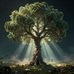 a fractal psychedelic tree reaching from a void and dissolving, a single machine elf in the distance, the fabric of reality poking through the edges, geometric vignette, magical clearing, sunshafts, dramatic lighting, dust motes floating in the sunlight, psychedelic 4 k concept art