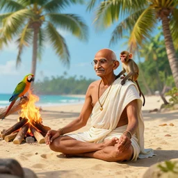 gandhi with a small monkey on his shoulder at the beach, sitting in a yoga pose on the sand next to a campfire, next to a parrot on tree log, with palm trees in the back, glorious lighting, epic environment, colourful, vibrant, hyper realistic, extreme detail, sand, smooth, subtle shadows, fine details, octane render, stunning, intricate, elegant, highly detailed, digital portrait, artstation, smooth, sharp focus, raw