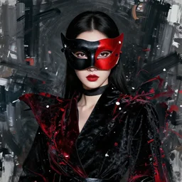 fashion portrait of a beautiful lady, all dressed in black, beautiful face and eyes, black and red mask on her face, black and red velvet fabric, highly detailed, white accents, cel shaded, cinematic shot, trending on artstation, high quality, detailed and chaotic background, brush strokes all over, by tom bagshaw and jama jurabaev