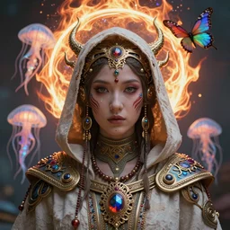 demon goddess close-up portrait tribal beautiful slavic russian monk in hooded princess queen, ancient high tech, cyberpunk, dystopian, jellyfish phoenix dragon, butterfly squid, burning halo, intricate artwork by Tooth Wu and wlop and beeple, greg rutkowski and artgerm, cinematic, hyper realism, high detail, octane render, unreal engine, 8k, Vibrant colors, Smooth gradients, High contrast, depth of field, aperture f1.2