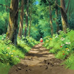 deep muddy forest on a sunny day walkway panorama, blooming, very traditional gouache painting gouache by makoto shinkai pixar kyoto animation