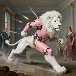 a surrealist interior mental landscape of a white anthropomorphic lion by hieronymus bosch, cyril rolando, esher and natalie shau, whimsical, cyborg armor pink and gold, launching an attack!!, running to the camera!!, profound, impossible. trending on devianart.