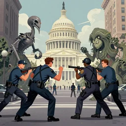 a color illustration of 1 0 irs agents fighting in the city wahington dc, where is waldo, hr giger, felix kelly, digital art, muted colors, ornately detailed