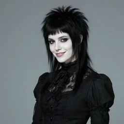 death as a young, attractive, slim woman of average height in her early to mid 2 0's, very pale white skin, dark eyes, jet - black 1 9 8 0 s punk mullet hair, smiling, wears black victorian clothing