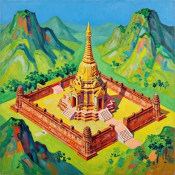 painting of sukhothai with mountains in the corners, with warlord monument,, canvas, acrylic paint, by andy warhol, by roy liechtestein, isometric, 4 k, ultra - hd