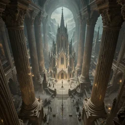 close shot angle from above of epic intrincated colliseum fantasy, atmospheric perspective, large ancient giant colums!!!, gothic architecture!!!!, giant church of the gods!!!, pointy risks mountains, in the style of peter mohrbacher and greg rutkowski