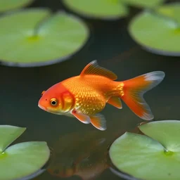 one photo realistic orange comet goldfish swimming in a pond full of lily pads, art by walter crane and kay nielsen, beautiful composition, interesting color scheme and intricate details, watercolor art