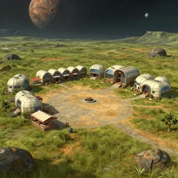 next to a open plaza area with a restaurant at the side, in the middle of a small outpost of only a few buildings, that are made from modular capsules, on an alien grassland, on an alien planet, from a space themed point and click 2 d graphic adventure game, set design inspired by hg giger and ridley scott and tomb raider, art inspired by thomas kinkade