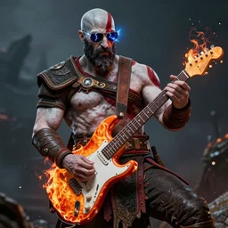 sunglasses wearing kratos rocking out on a flaming stratocaster guitar, cinematic render, god of war 2 0 1 8, playstation studios official media, sunglasses, lightning