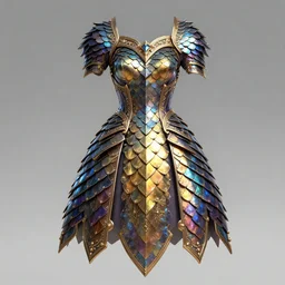 concept art of a dragon scale armor dress. bright metallics, ornate detail. in the style of crystal dynamics