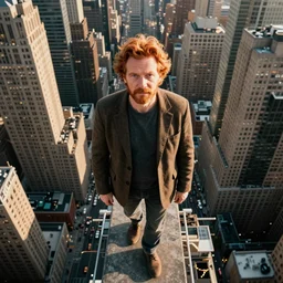 larger than skyscrapers ginger middle aged man walks around the city, bird's eye, canon eos r 3, 8 k, raw, ground level shot