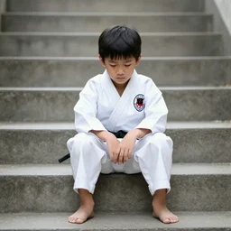 sad asian kid wearing karate gi sitting on stairs