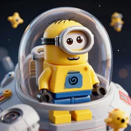 lego minion astronaut in the spaceship by goro fujita and beeple, realism, sharp details, cinematic, highly detailed, digital, 3 d, yellow colors