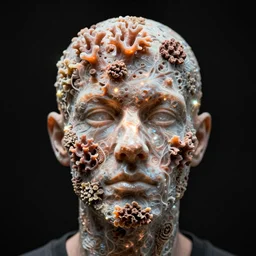 realistic product photo of a mans face covered in shriveling dead semi - translucent iridescent coral reef, emitting aura, the man is designed by dieter rams le corbusier, pure black background, spotlight shining on mans face, 1 9 6 0, life magazine photo, natural colors, metropolitan museum, kodak, 8 k, very detailed, high resolution, product photo,