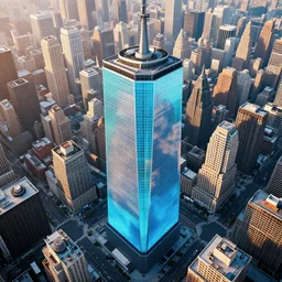 aerial view of a giant fish tank shaped like a tower in the middle of new york city, 8k octane render, photorealistic