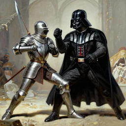 darth vader fighting with a medieval knight by Raymond Swanland