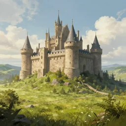 a castle in a grassland. fantasy art style.