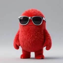 3 d render of completely red hairy friendly antropomorphic creature wearing chrome shades, without nose, full body, standing on 2 feet, in the style of pixar, white background, unreal engine 5, octane render, highly detailed hdr