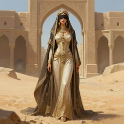 a full body portrait of a beautiful post apocalyptic offworld desert bedouin blind beggar by the city gates, intricate, elegant, highly detailed, digital painting, artstation, concept art, smooth, sharp focus, illustration, art by krenz cushart and artem demura and alphonse mucha
