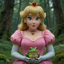 intricate real life princess peach, tight push up bra, really large bust, forest, holding a frog, cinematic, aesthetics, full pov