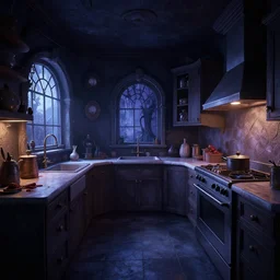 curved perspective digital art of a dark kitchen without windows from Tim Burtons Nightmare Before Christmas by Petros Afshar